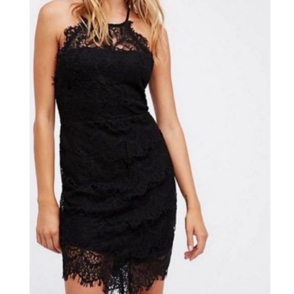 Intimately Free People Black Fairy Lace Mini Dress Halter Tiered Boho XS‎ Goth